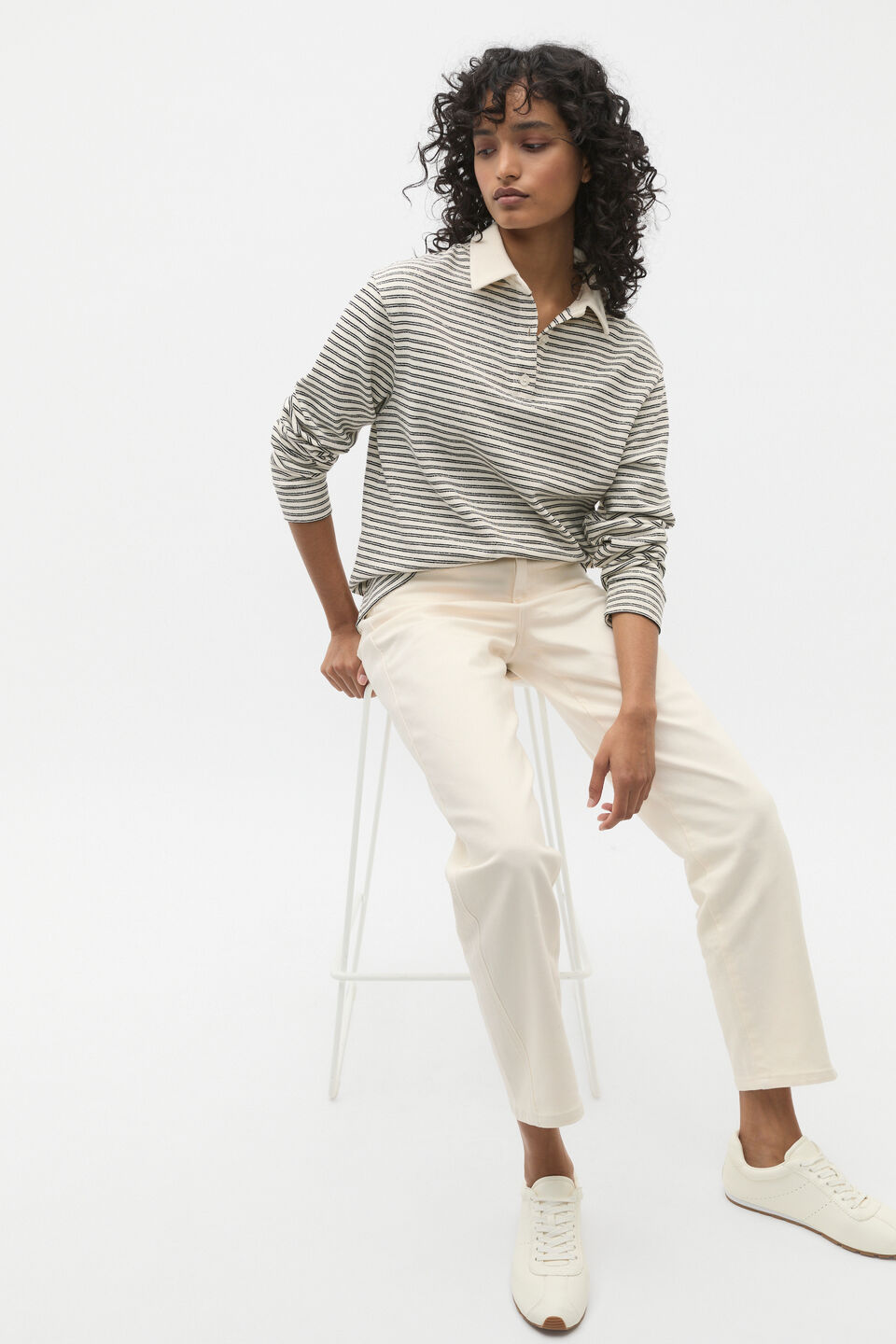 Textured Stripe Polo Sweat  Coconut Cream Stripe