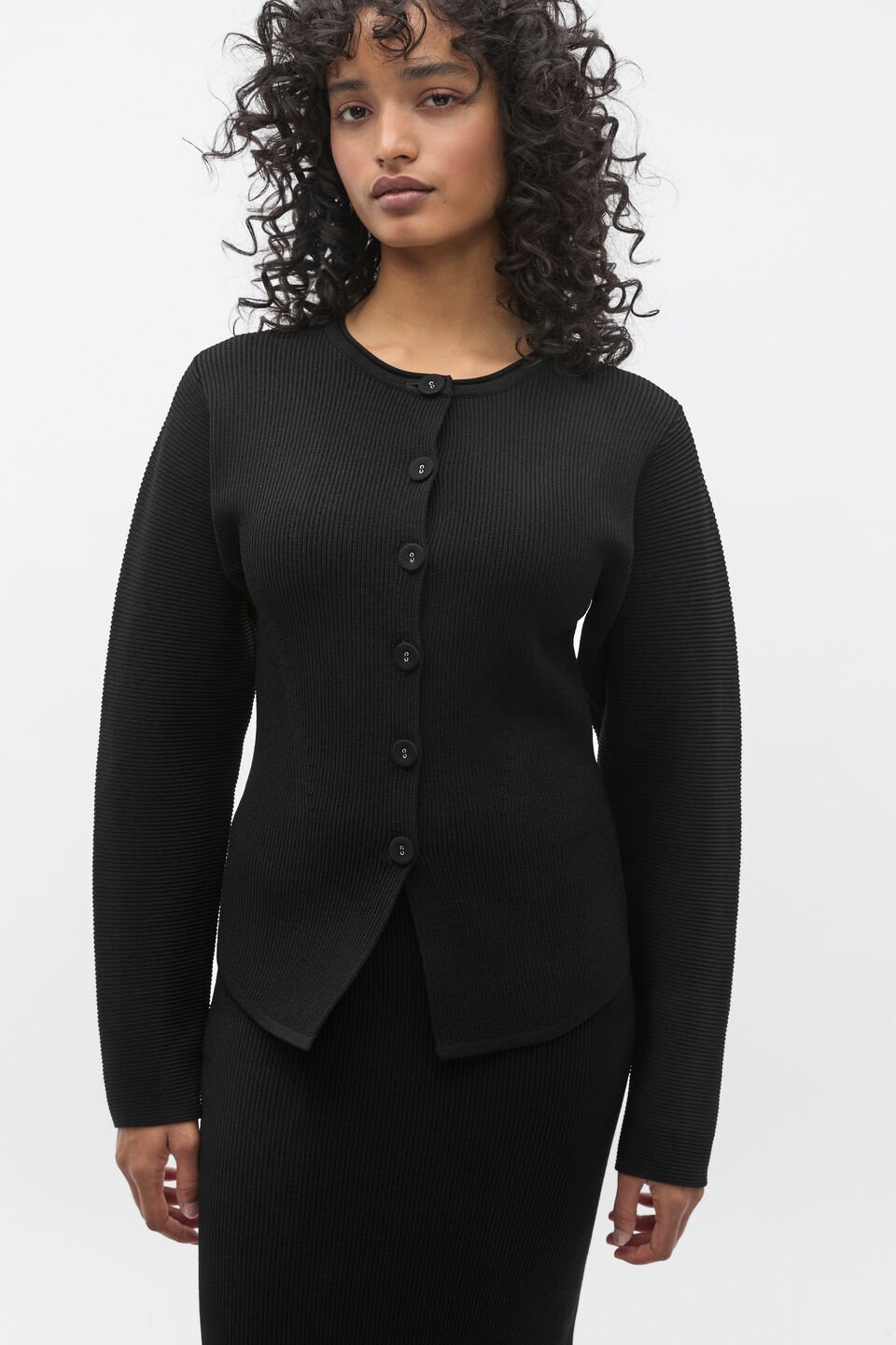 Crepe Ribbed Cardigan  Black