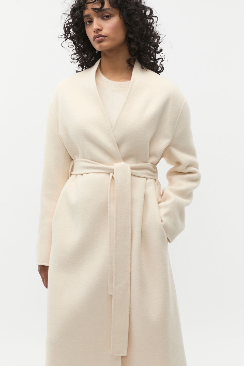 Wool Blend Belted Midi Coat  Coconut Cream Marle