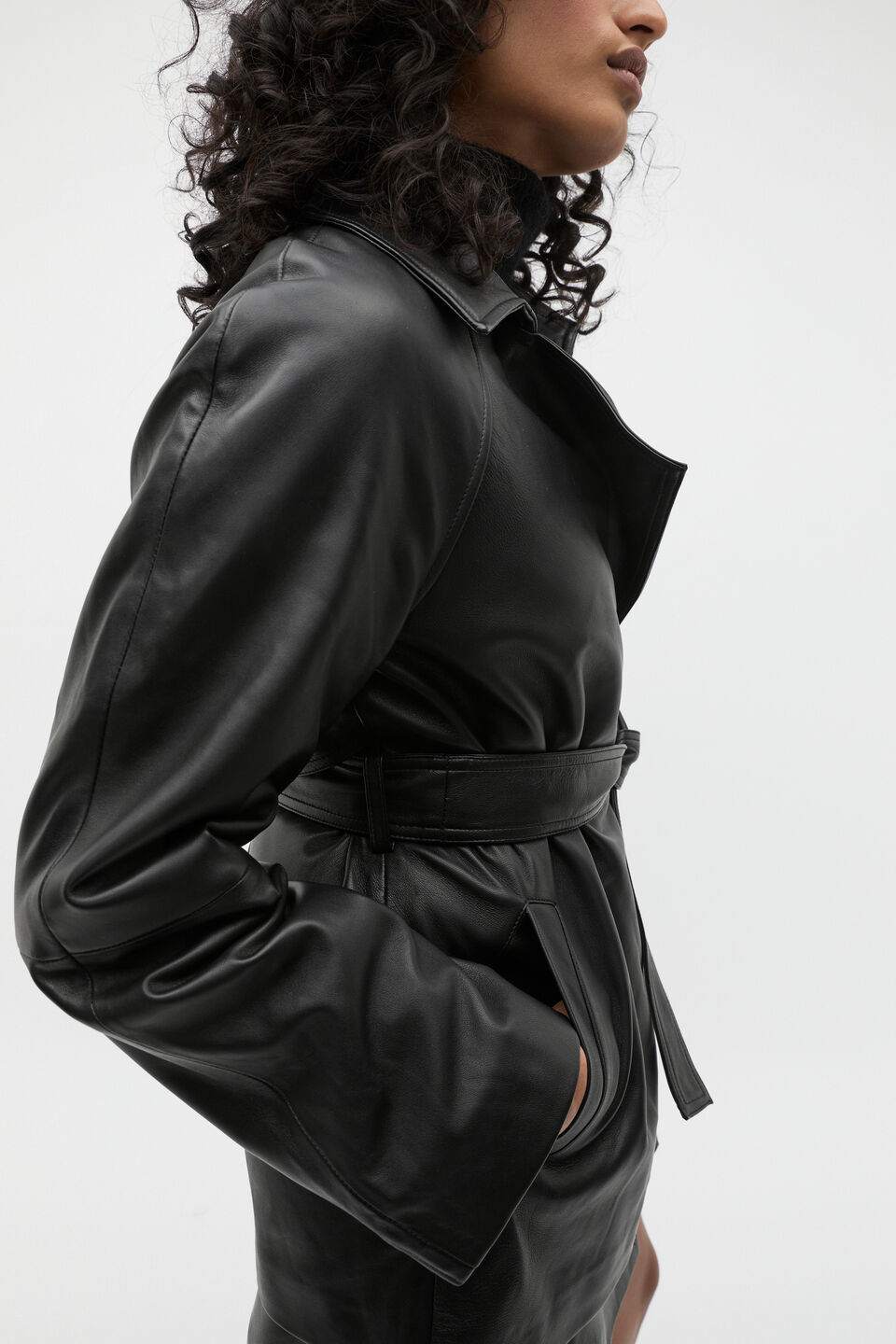 Leather Cropped Trench Coat  Black