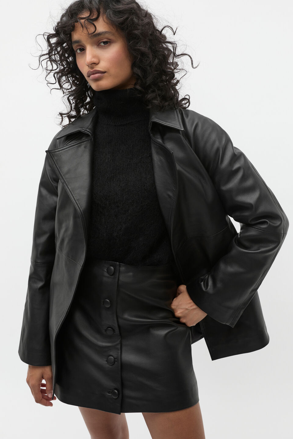Leather Cropped Trench Coat  Black