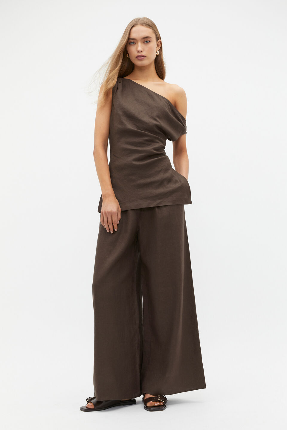 Linen Draped Shoulder Top  Dark Espresso