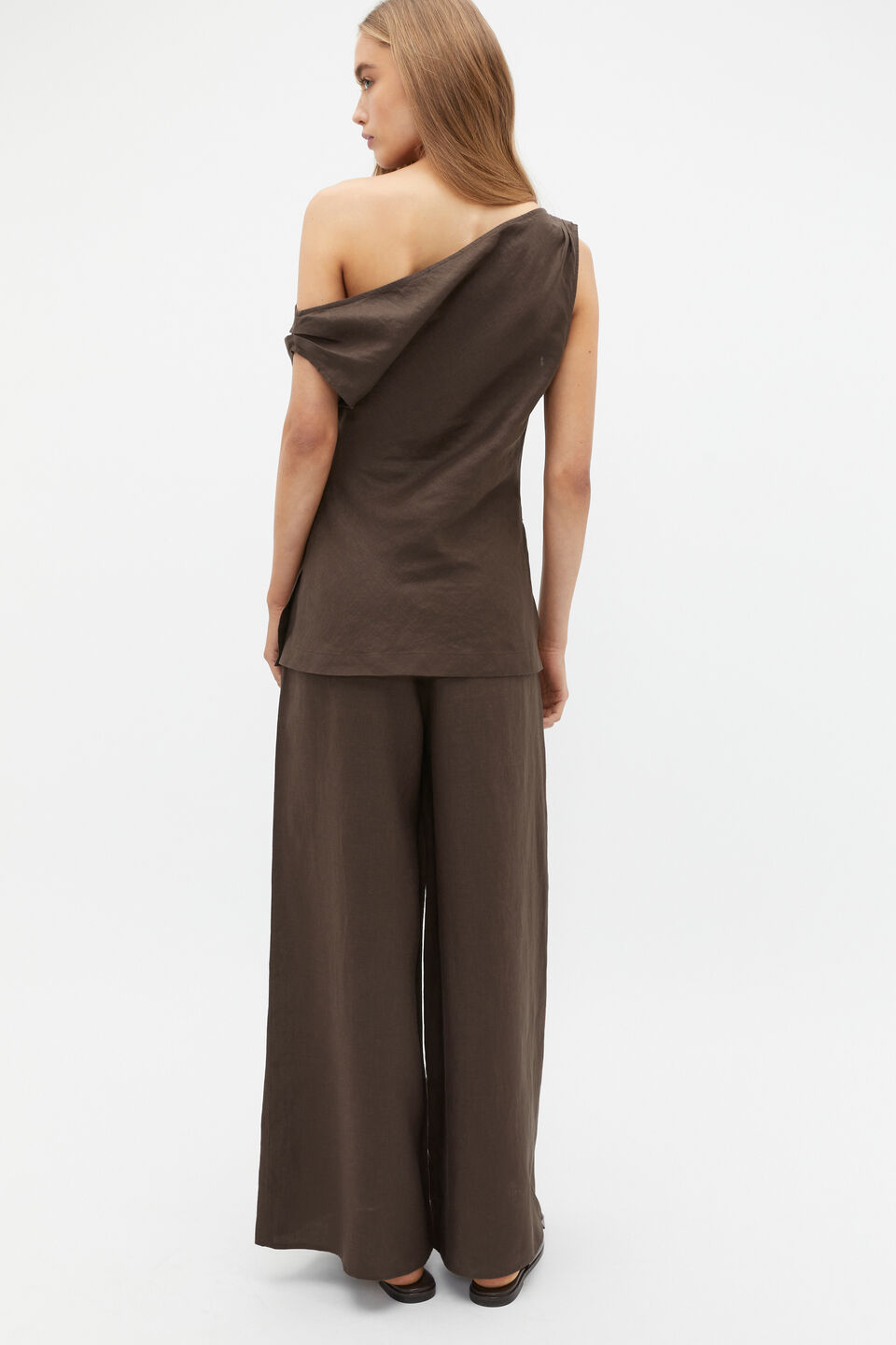 Linen Draped Shoulder Top  Dark Espresso