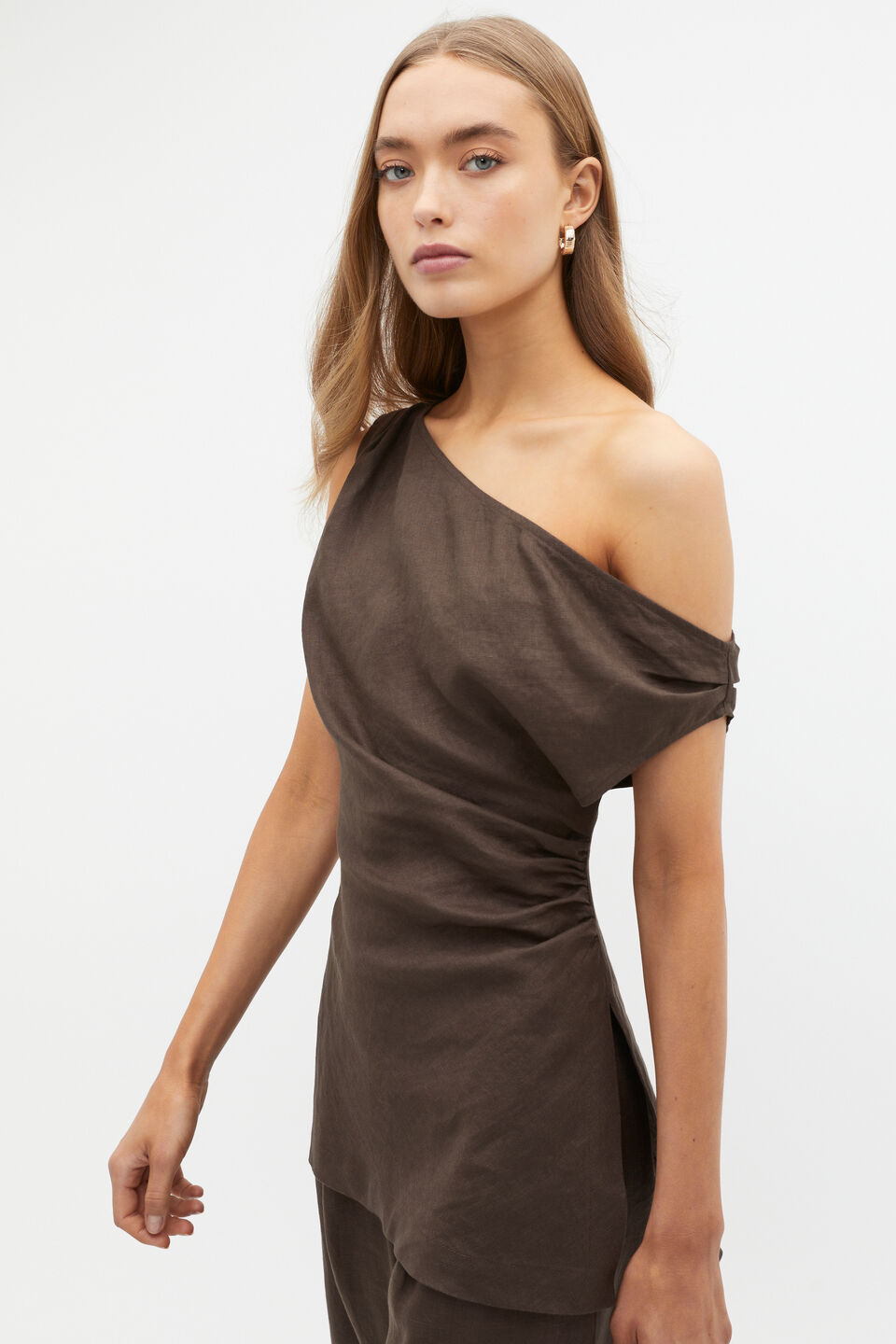Linen Draped Shoulder Top  Dark Espresso