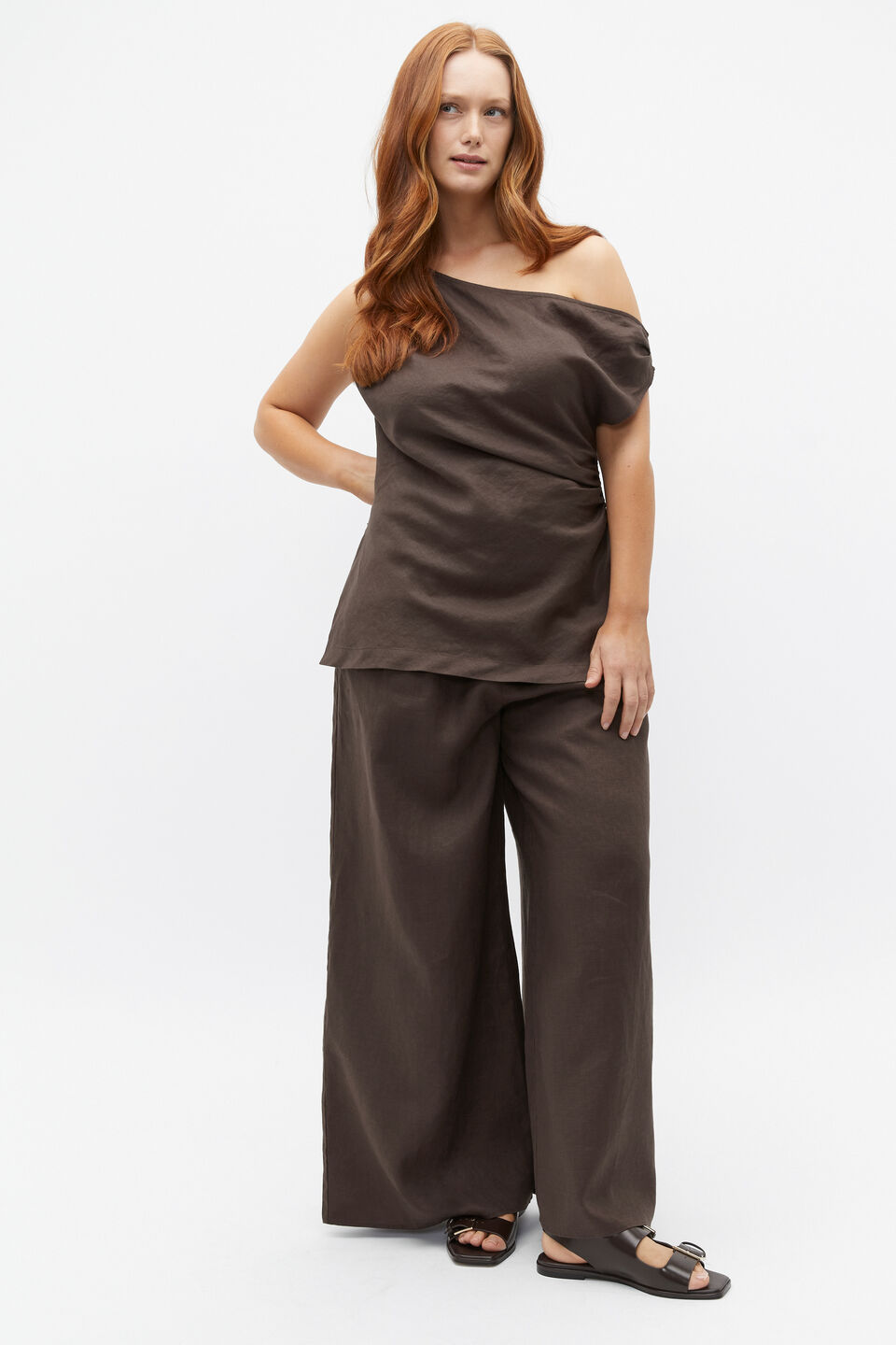 Linen Draped Shoulder Top  Dark Espresso