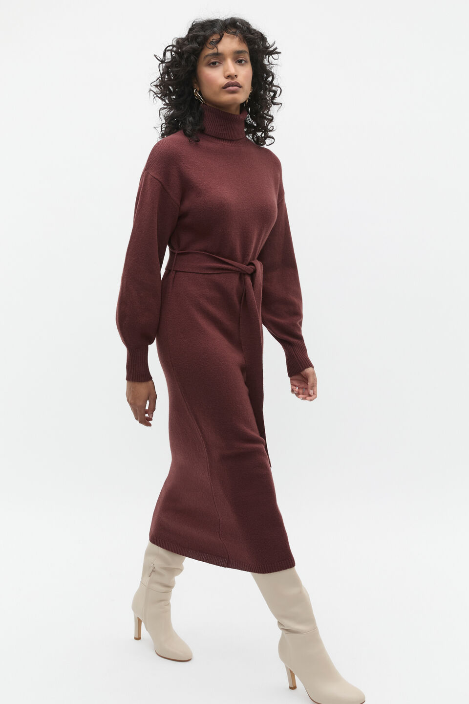 Tie Knit Midi Dress  Merlot