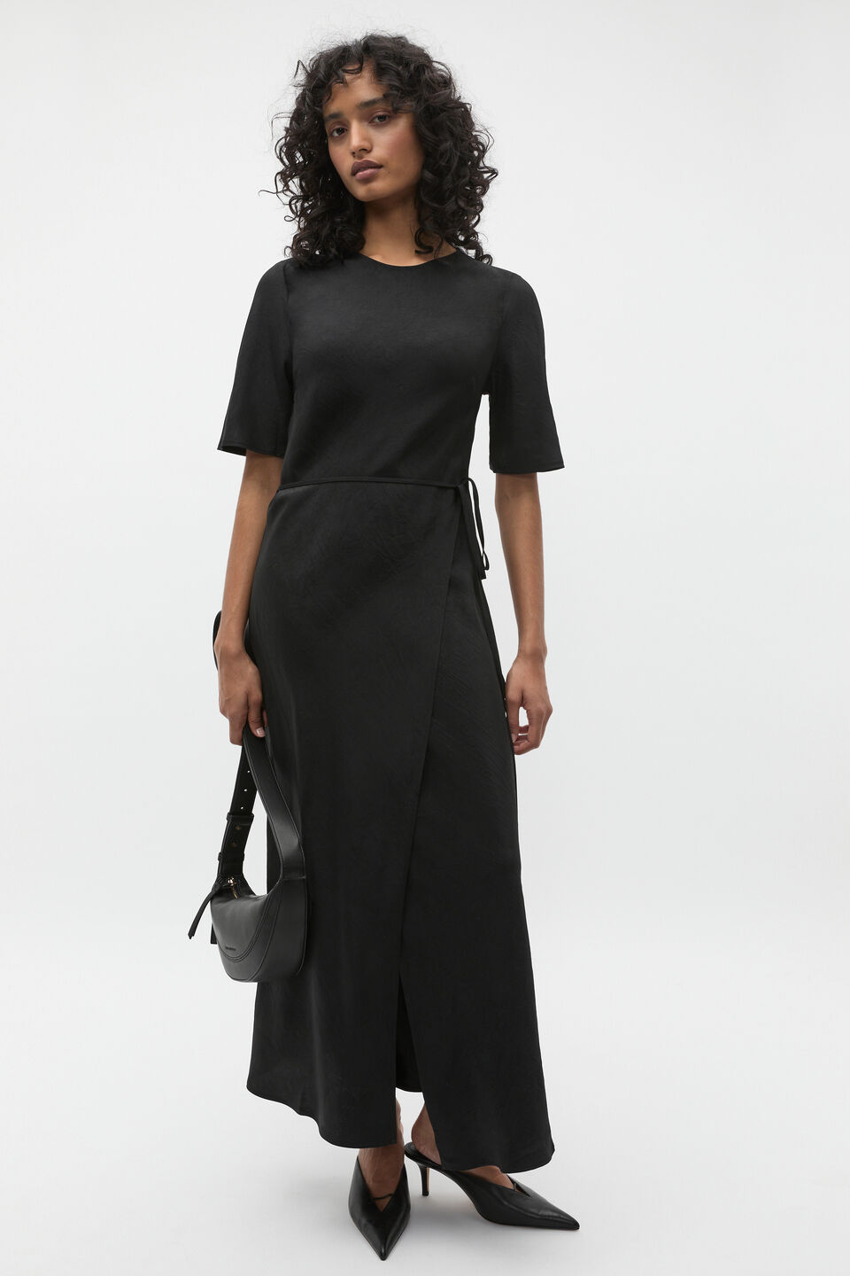 Crinkle Satin Wrap Dress  Black