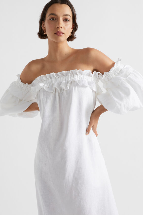 Linen Ruffle Off Shoulder Dress  Whisper White  hi-res