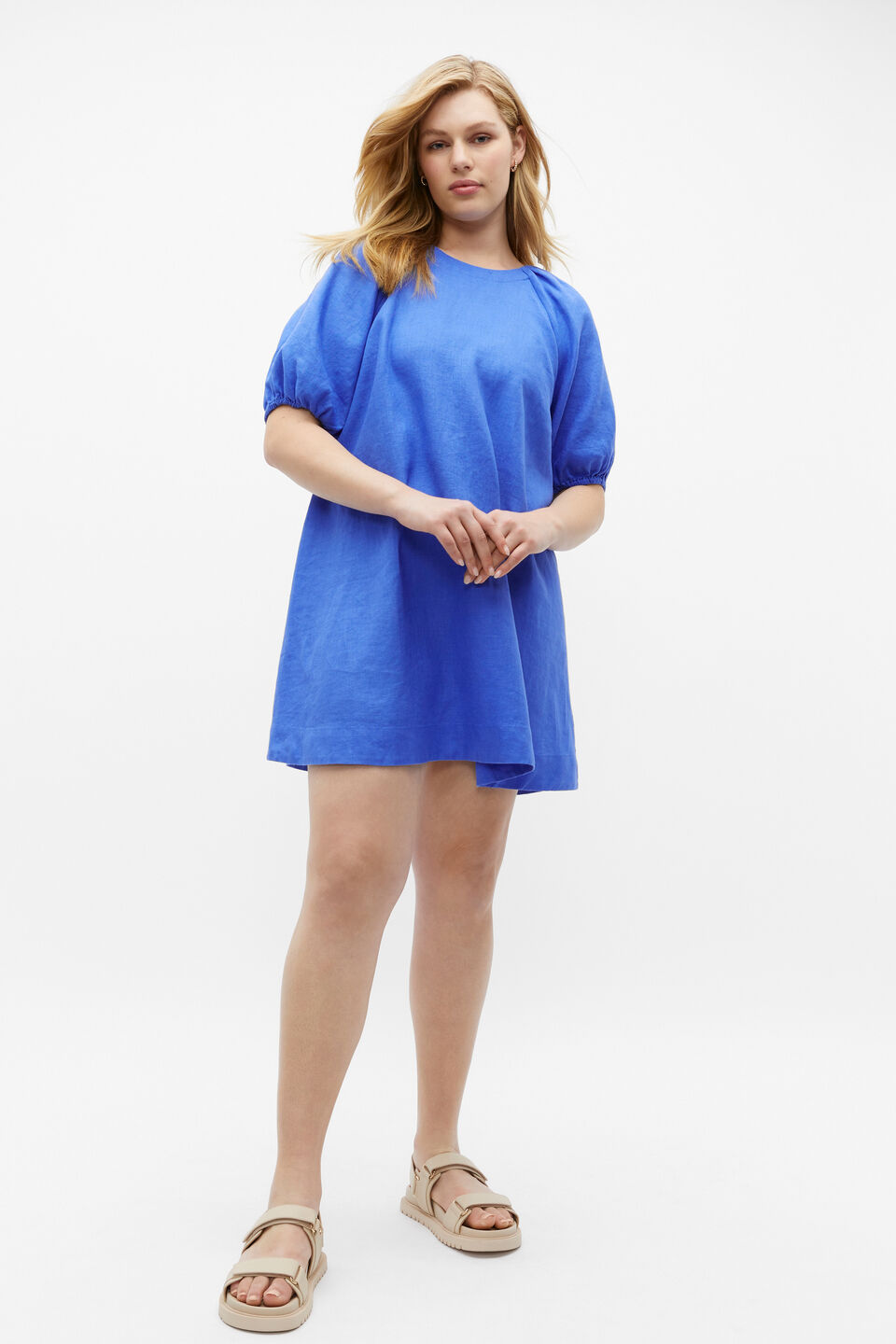 Linen Puff Sleeve Mini Dress  Deep Ocean