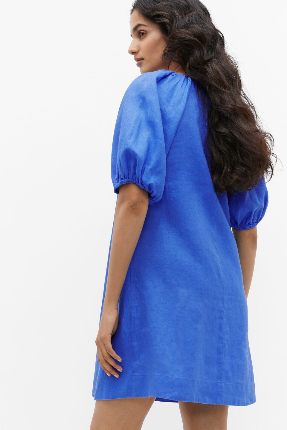 Linen Puff Sleeve Mini Dress  Deep Ocean