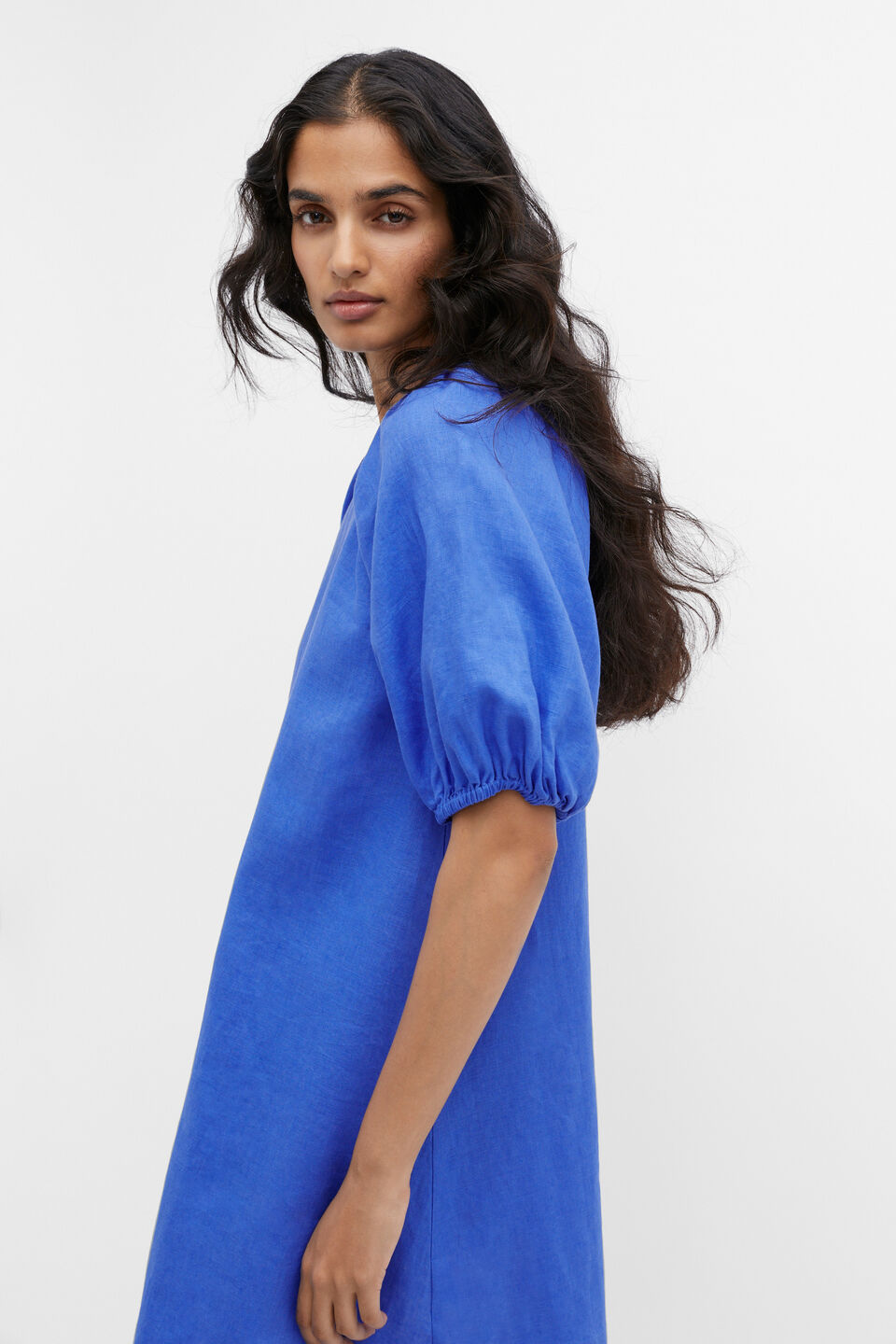 Linen Puff Sleeve Mini Dress  Deep Ocean