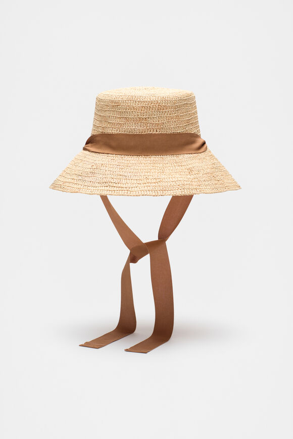 Tie Trim Raffia Bucket Hat  Caramel  hi-res