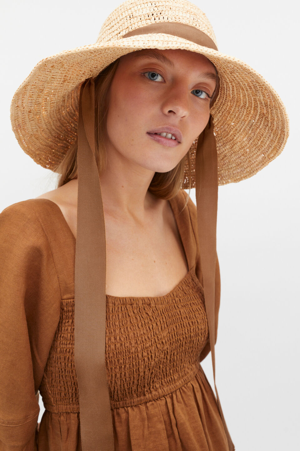 Tie Trim Raffia Bucket Hat  Caramel