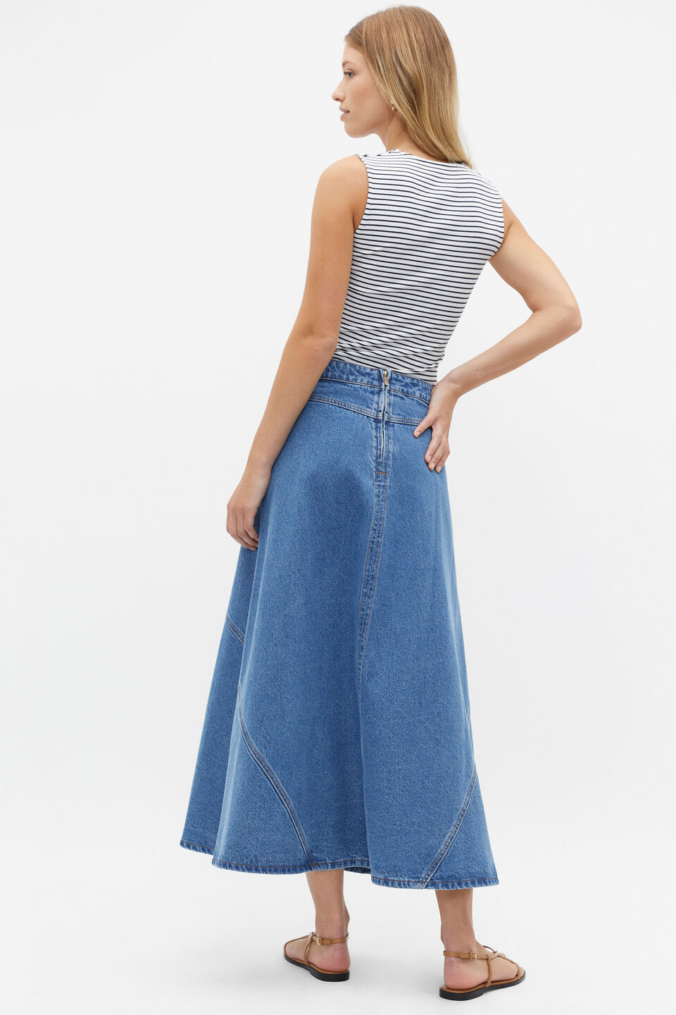 Denim Flare Midi Panel Skirt  Sea Blue Wash