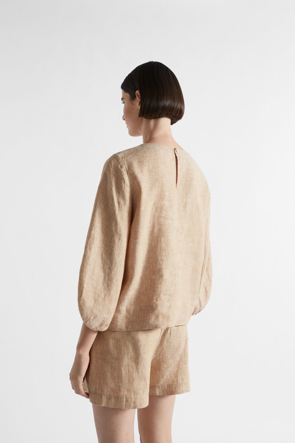 Core Linen Balloon Sleeve Top  Champagne Beige Crossdye