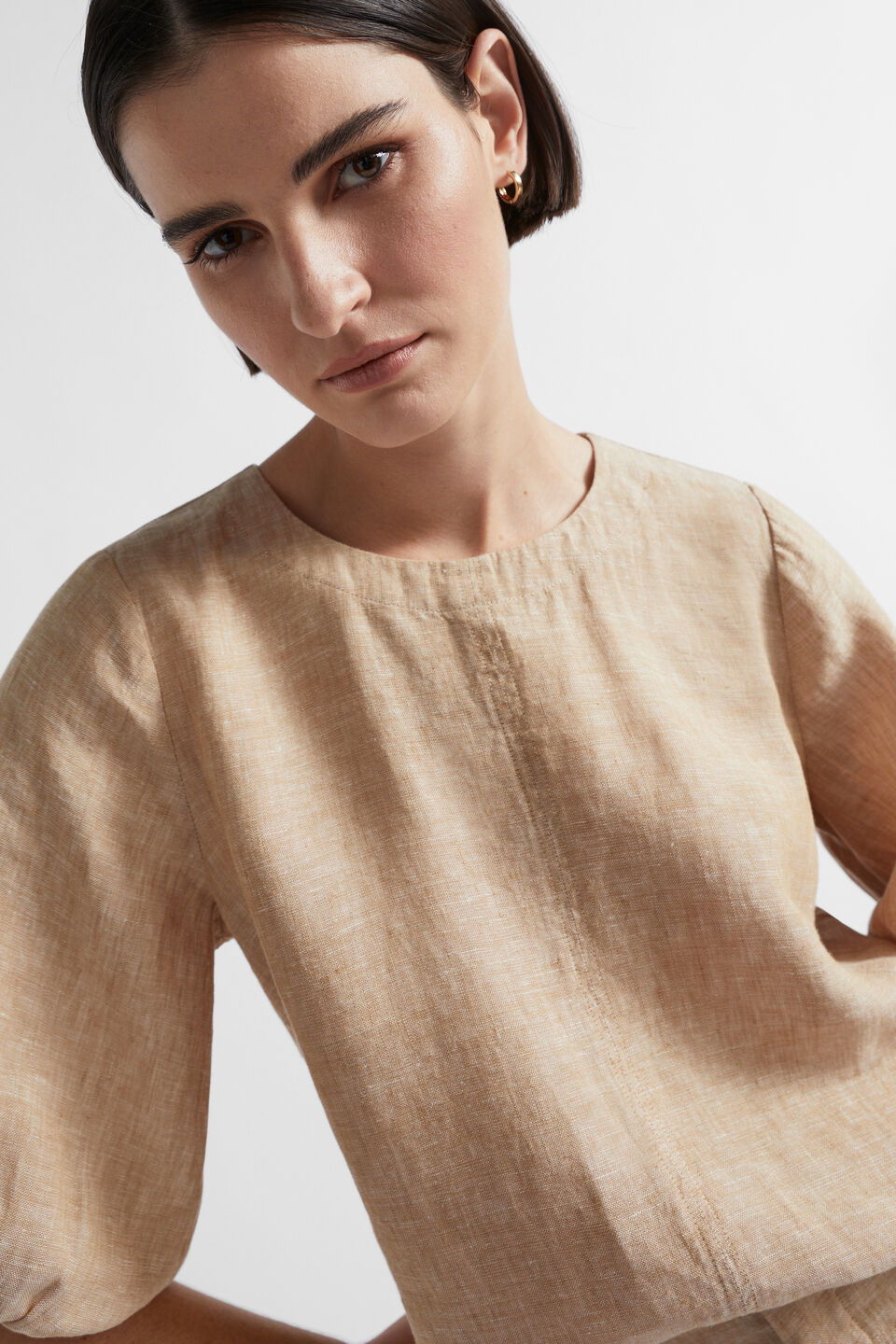 Core Linen Balloon Sleeve Top  Champagne Beige Crossdye