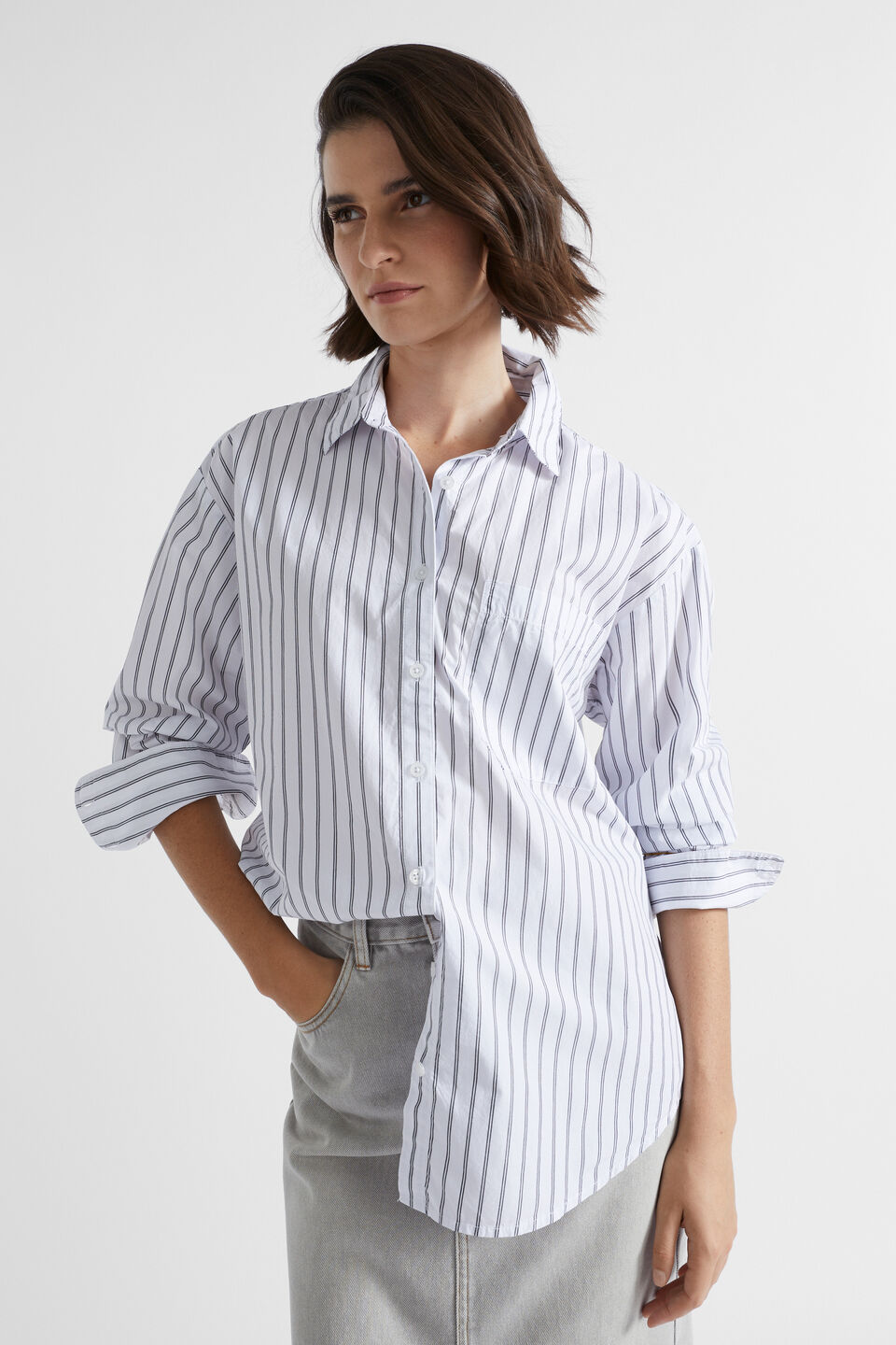 Poplin Pocket Front Shirt  Steel Stripe