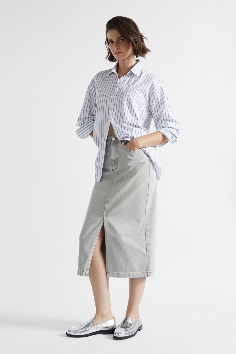 Poplin Pocket Front Shirt  Steel Stripe