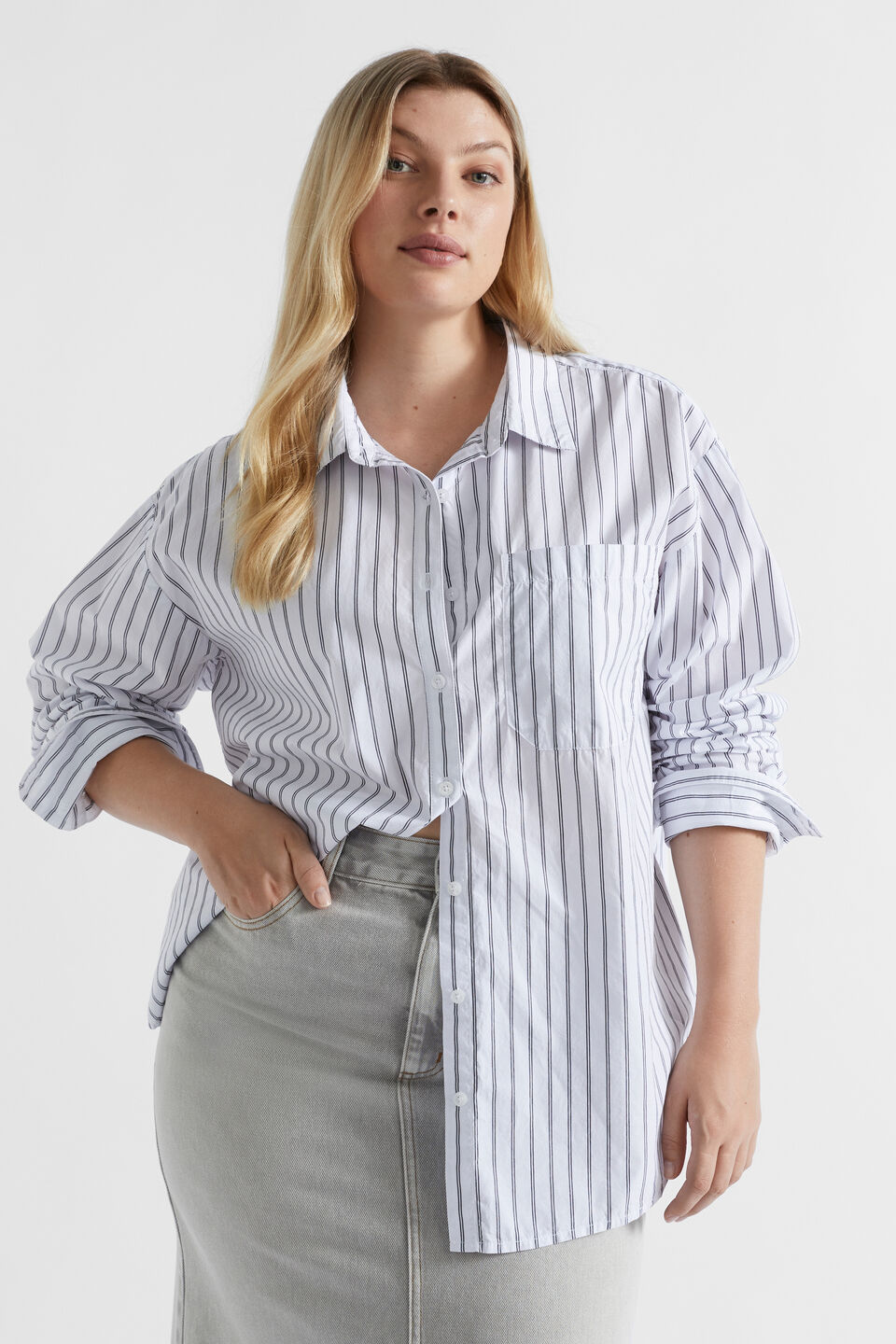 Poplin Pocket Front Shirt  Steel Stripe