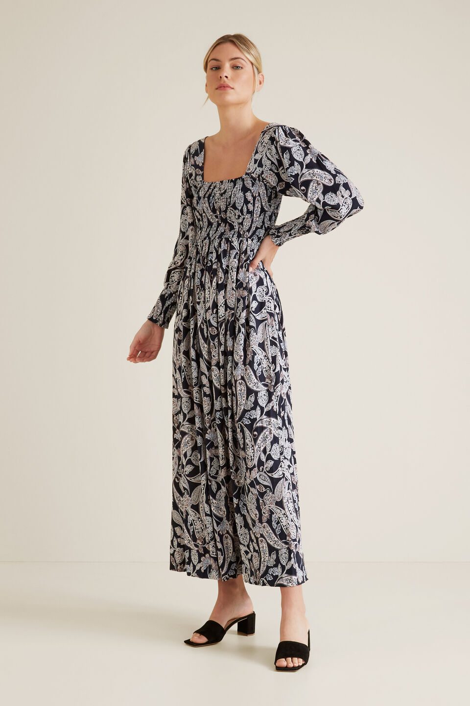 Shirred Paisley Dress  