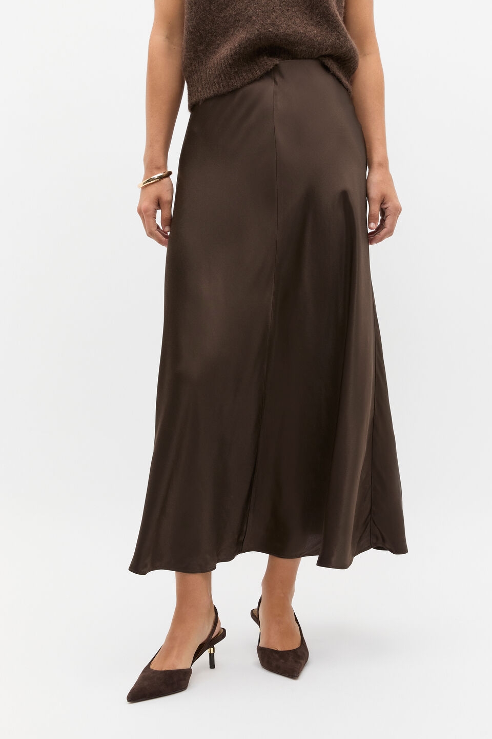 Satin Midi Swing Skirt  Dark Espresso