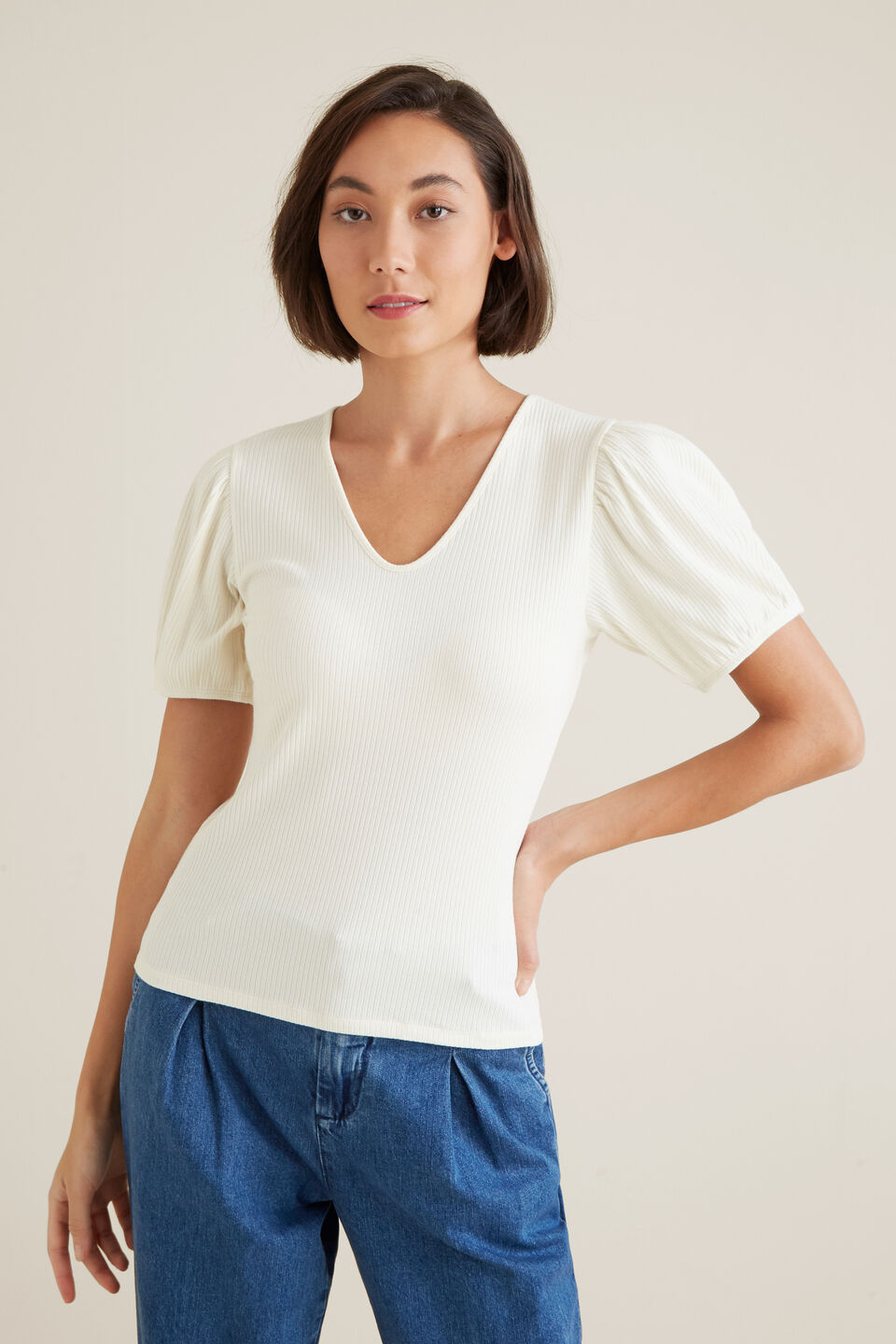 V Neck Rib Sleeve Top  