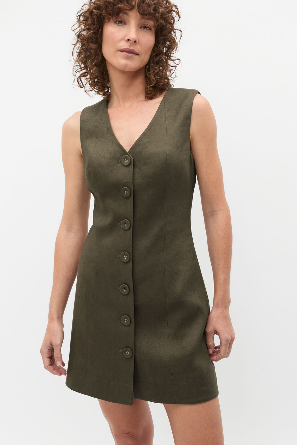 Linen V Neck Button Mini Dress  Olive Leaf