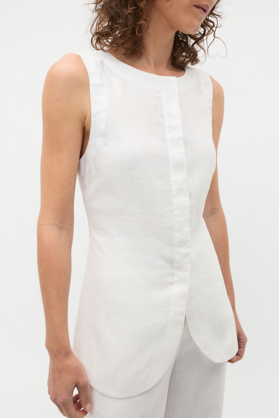Linen Concealed Placket Vest  Whisper White