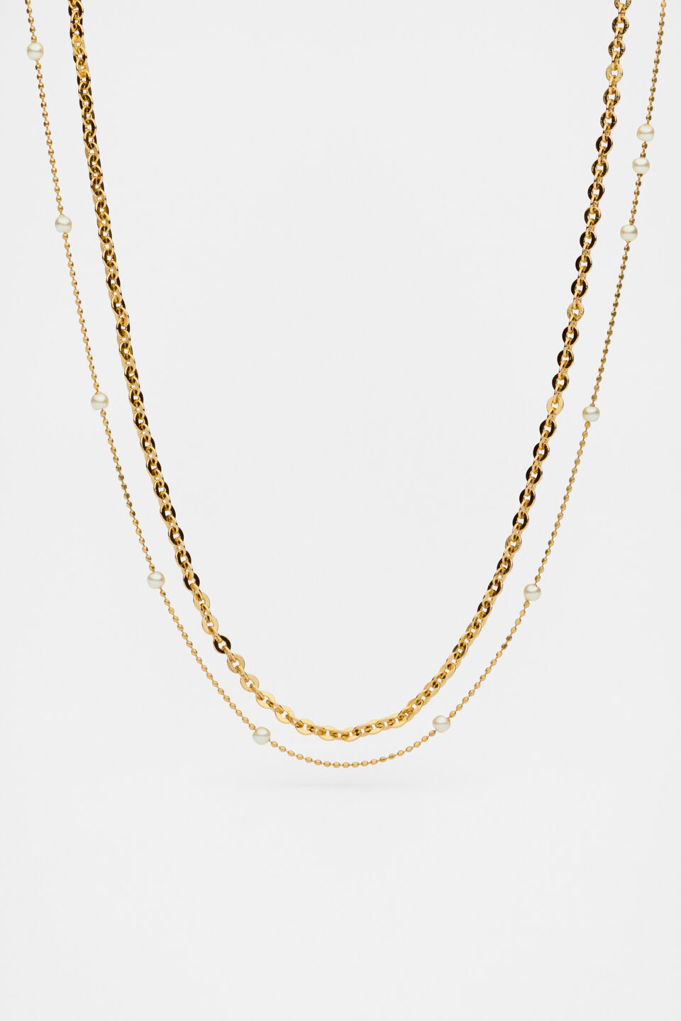 Pearl Station Double Necklace  Gold