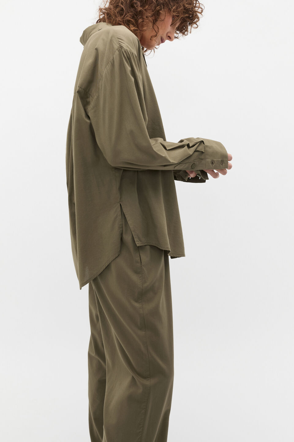 Oversized Voile Long Sleeve and Pant PJ Set  Olive Leaf