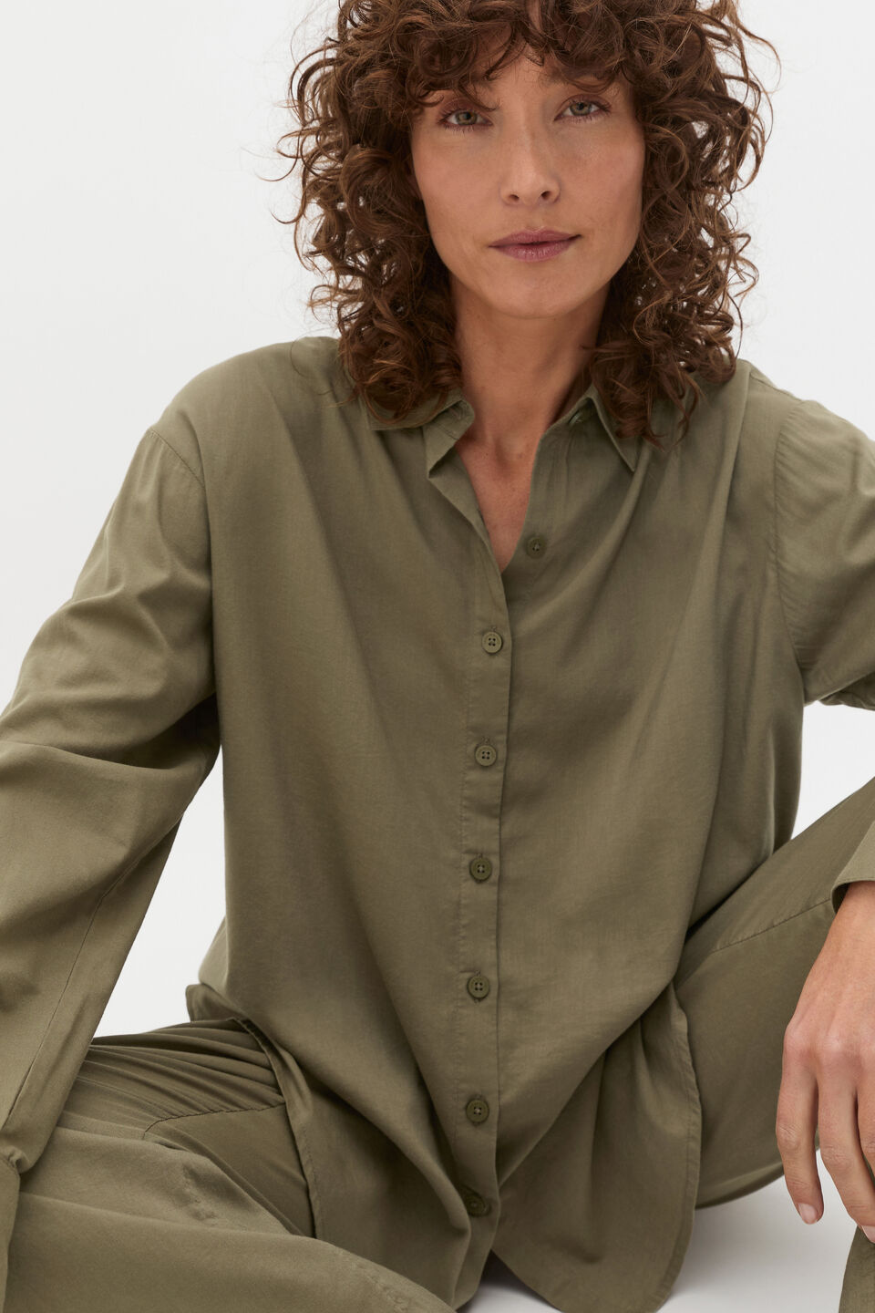 Oversized Voile Long Sleeve and Pant PJ Set  Olive Leaf