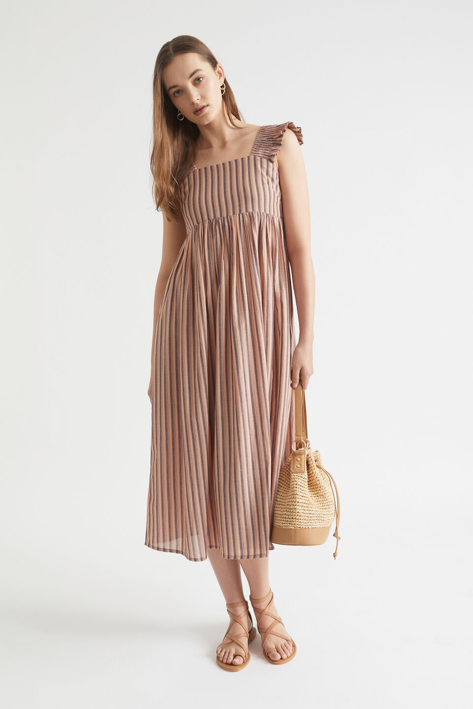 Stripe Voile Midi Dress  Peach Rose Stripe