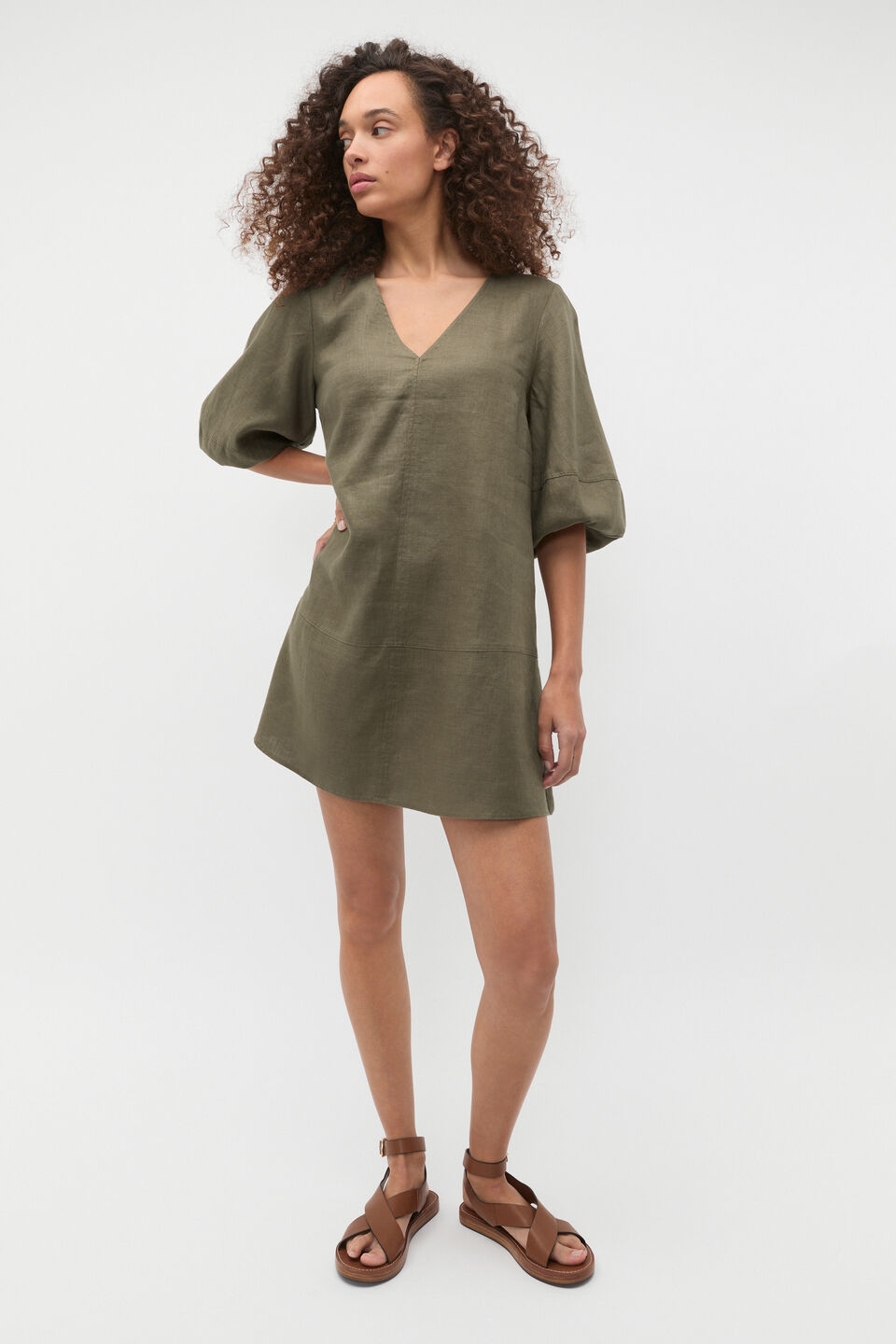 Linen V Neck Seam Detail Mini Dress  Olive Leaf