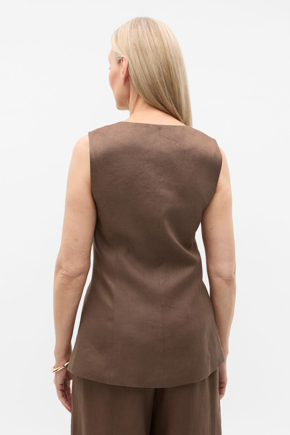 Linen Longline Button Vest  Pinecone