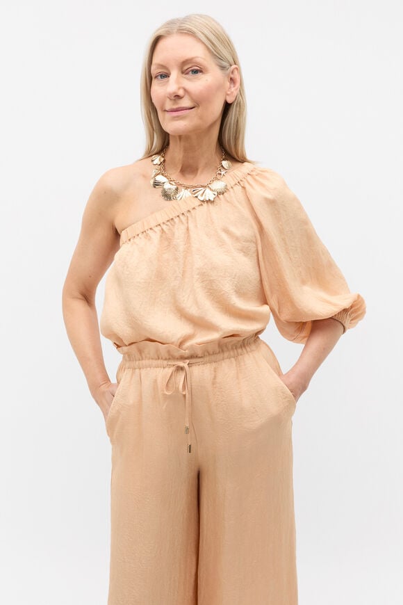 Textured Satin One Shoulder Blouse  Apricot  hi-res