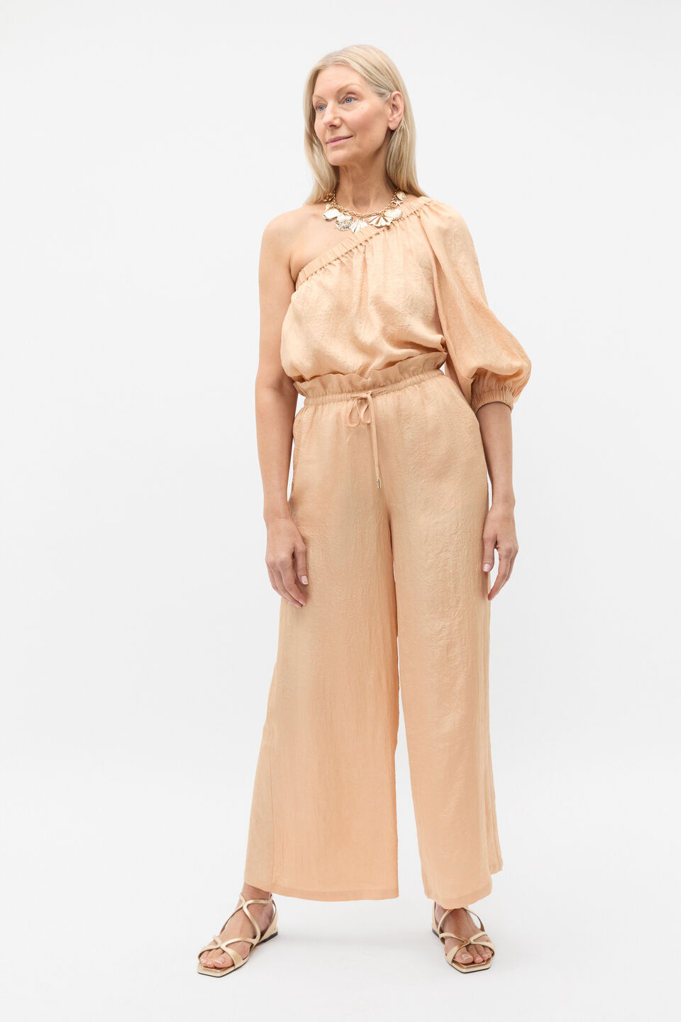 Textured Satin One Shoulder Blouse  Apricot