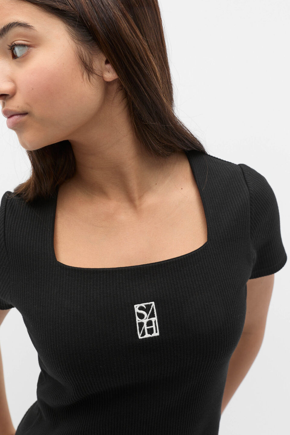 Square Neck Logo Rib Tee  Black