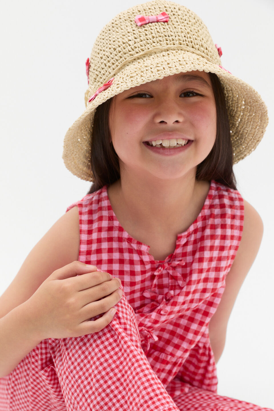 Gingham Bow Straw Hat  Natural