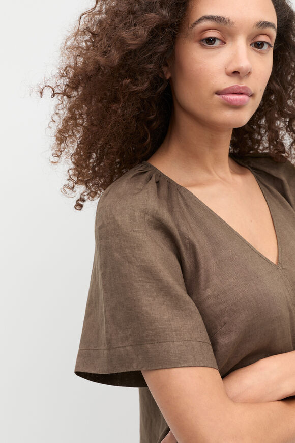 Linen V Neck Flutter Sleeve Mini Dress  Pinecone  hi-res