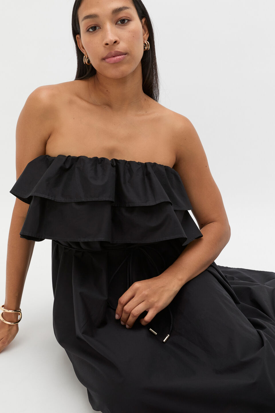 Voile Strapless Ruffle Maxi Dress  Black
