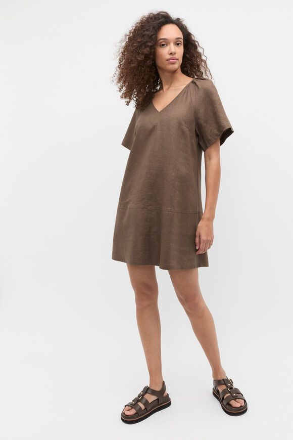 Linen V Neck Flutter Sleeve Mini Dress  Pinecone  hi-res