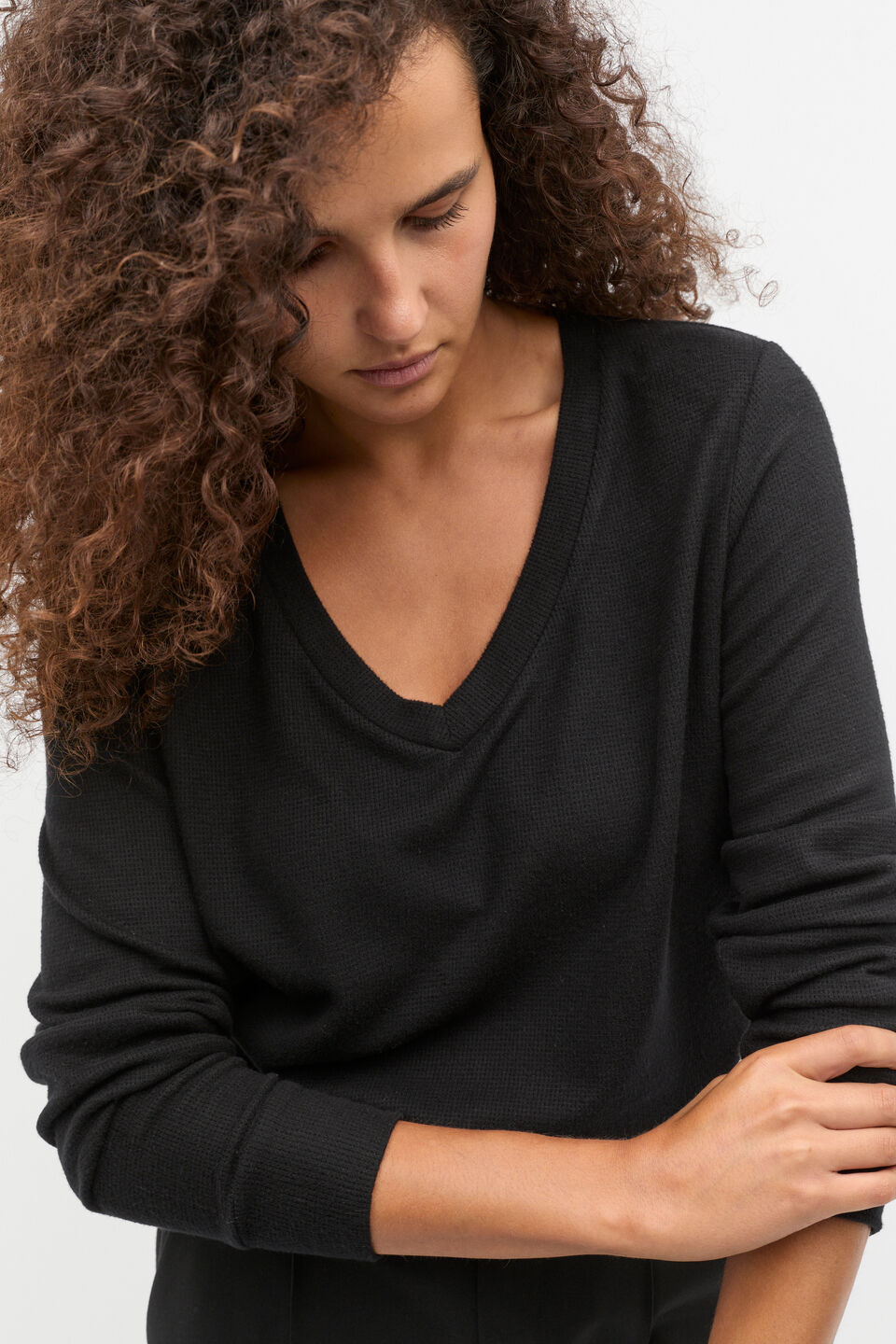 Supersoft Waffle V Neck Top  Black