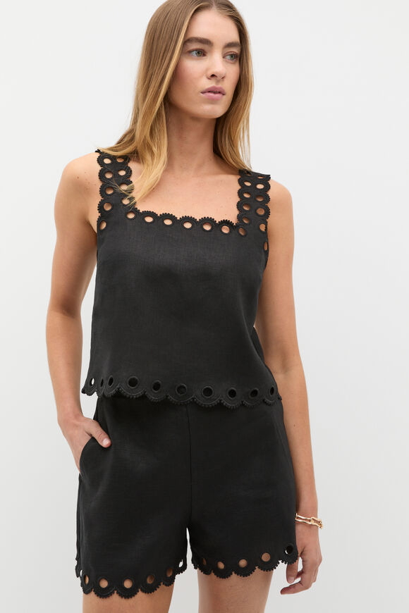 Linen Embroidered Crop Tank  Black  hi-res