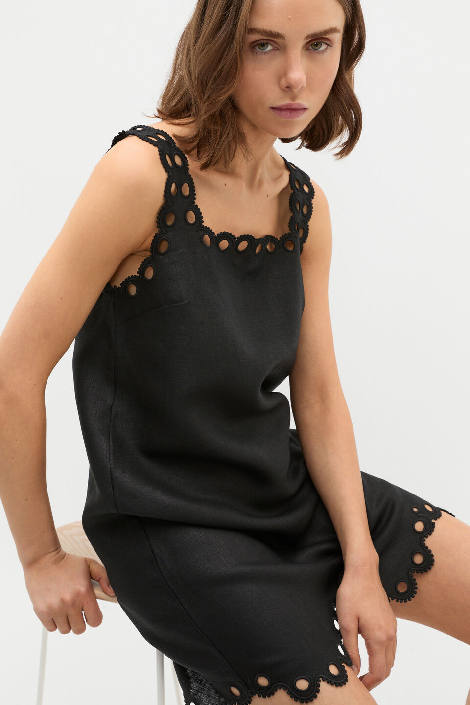 Linen Embroidered Mini Dress  Black