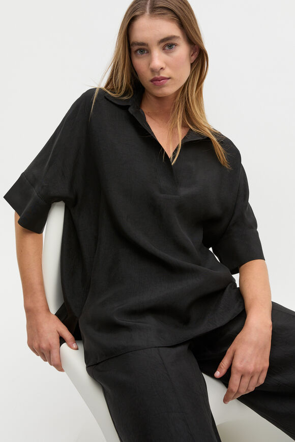 Crinkled Satin Collared Popover  Black  hi-res