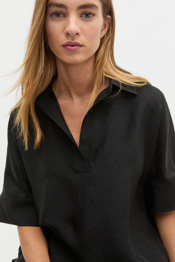 Crinkled Satin Collared Popover  Black  hi-res