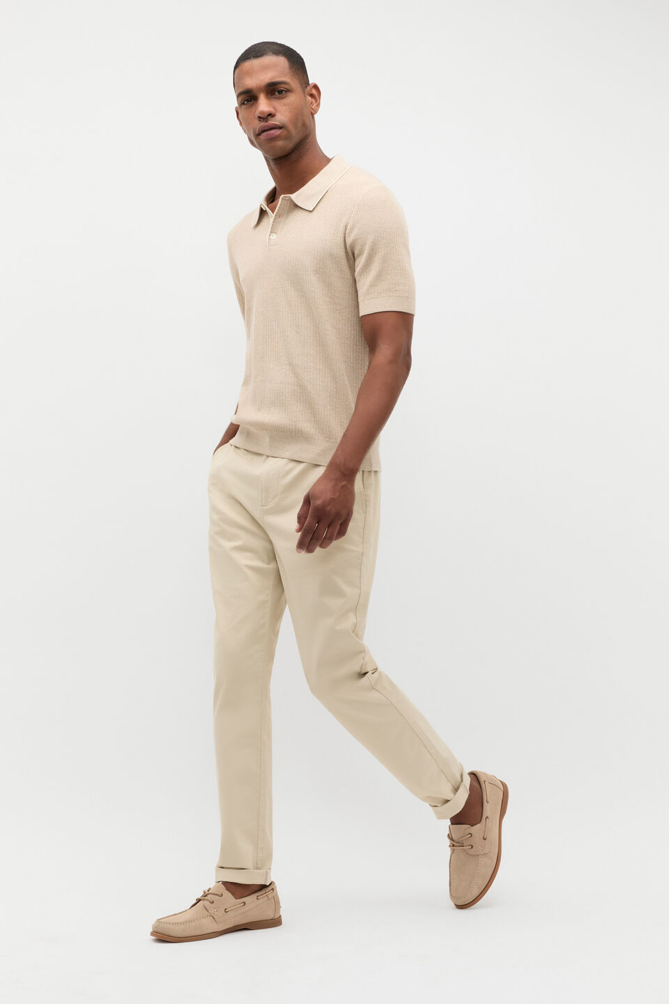 Ribbed Knit Polo  Almond