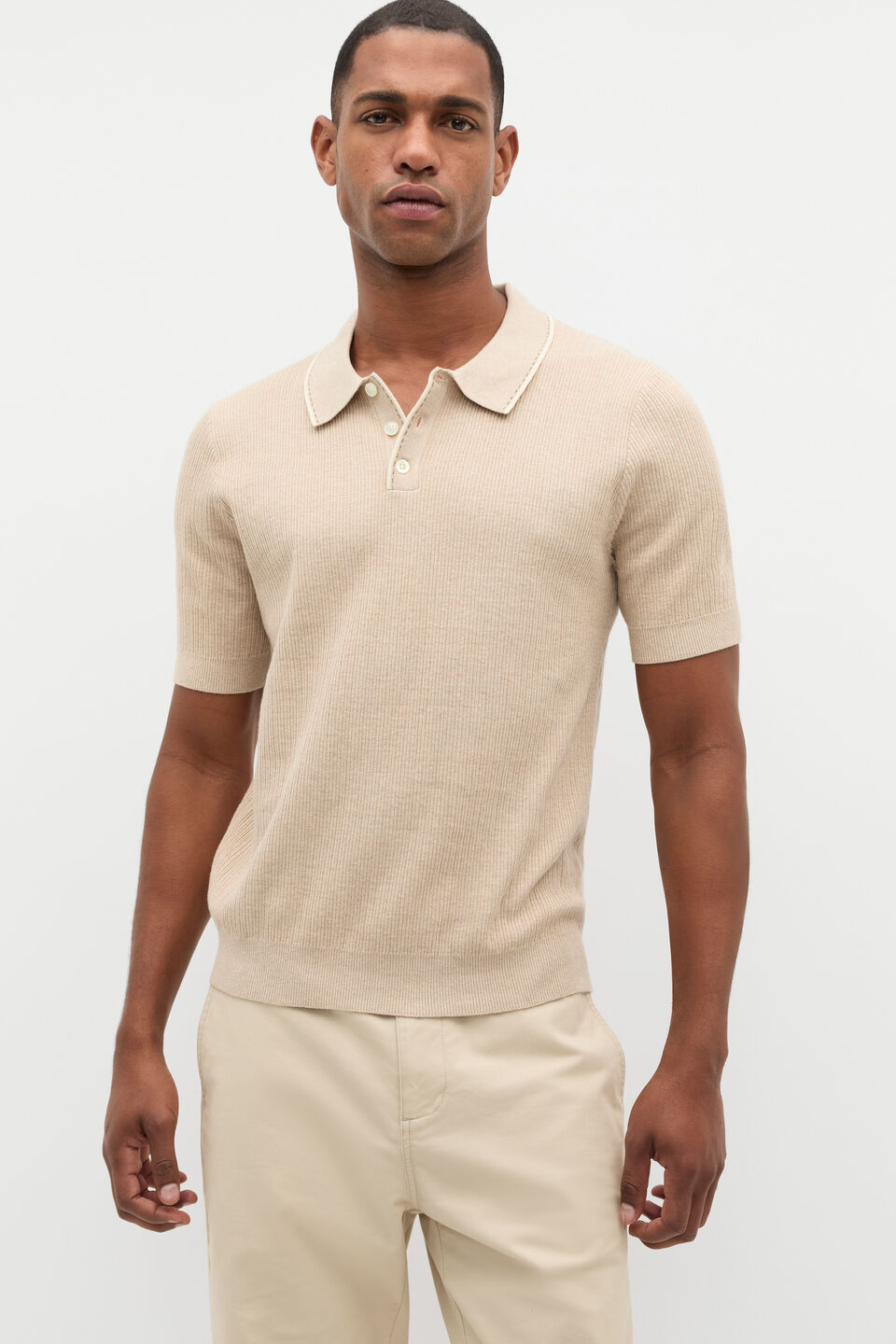 Ribbed Knit Polo  Almond
