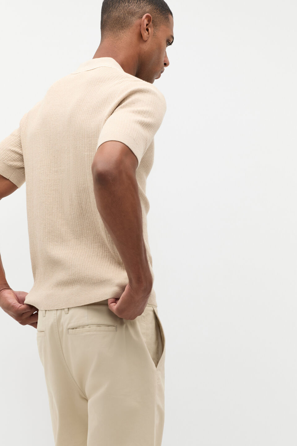 Ribbed Knit Polo  Almond
