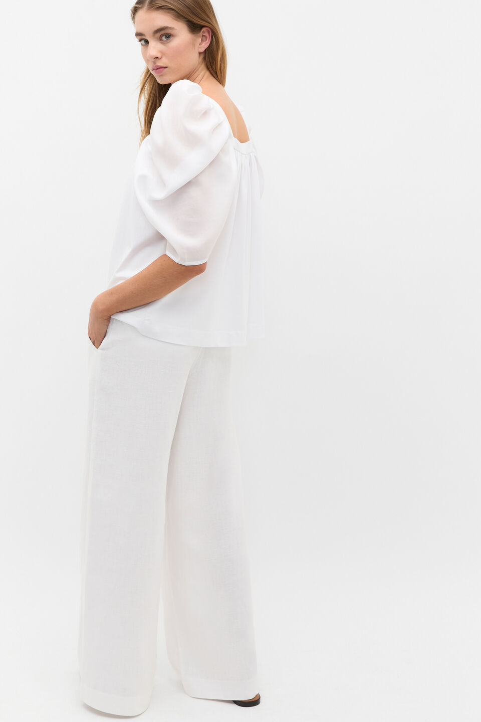 Square Neck Gathered Sleeve Top  Whisper White